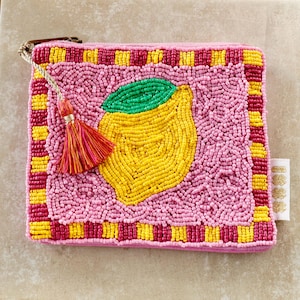 Bunte Mini-Tasche mit Zitronen-Design, Reißverschluss und Quaste
