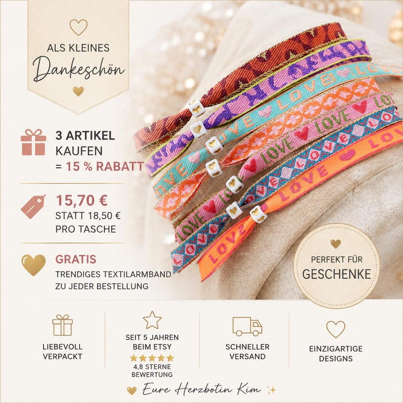 May include: A collection of six woven fabric bracelets featuring various patterns including the word LOVE and heart motifs. Each bracelet is accented with a small white square bead containing a gold heart symbol. The bracelets are displayed in a stack.