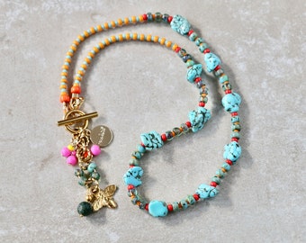 Colorful short necklace made of turquoise, short necklace with Miyuki beads, handmade gemstone jewelry unique