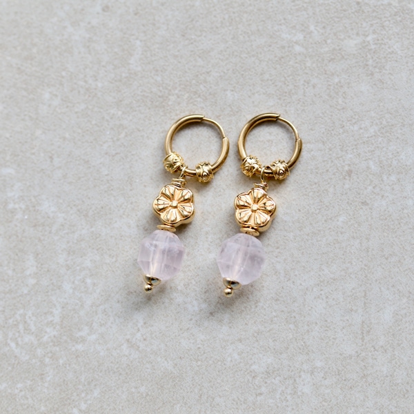 Boho chic rose quartz flower hanging earrings, 2 in 1 as a hanging earring or as a hoop earrings, handmade unique jewelry, gift idea for her