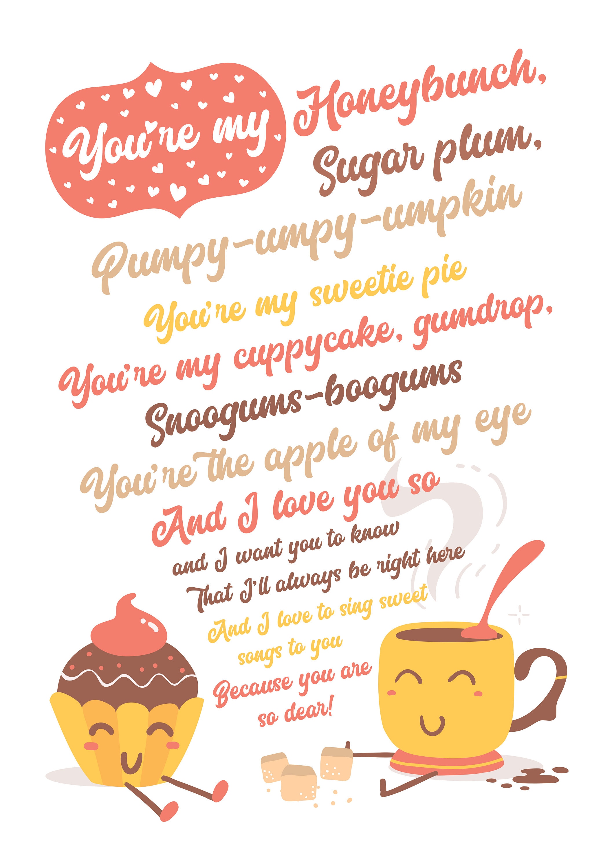 You're My Chubby Sugar Plum Gumdrop Lyrics Cuppy Cake Song Lyrics, Printable, Poster, A3, A4, A5 Gold & Pink