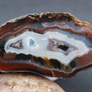 Op de afbeelding: Een gepolijste agaatplak met concentrische banden van dieprood, bruin en doorschijnend wit. Het midden bevat een kleine, holle geode-holte met kristallijne texturen, omringd door gladde, gelaagde mineraalafzettingen in aardse tinten.