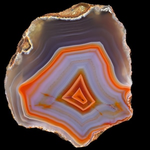 Puede incluir: Una rodaja de ágata pulida con bandas concéntricas de color naranja vibrante, lavanda suave y gris translúcido. El espécimen mineral muestra un centro geométrico distintivo con capas angulares nítidas rodeadas por una corteza exterior rugosa.