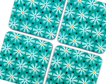 Turquoise Melamine Coasters: Mid-Century Modern Atomic Design, Set of 4