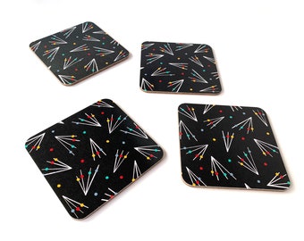 Mid-Century Modern Coasters: Black Atomic Pattern, Set of 4
