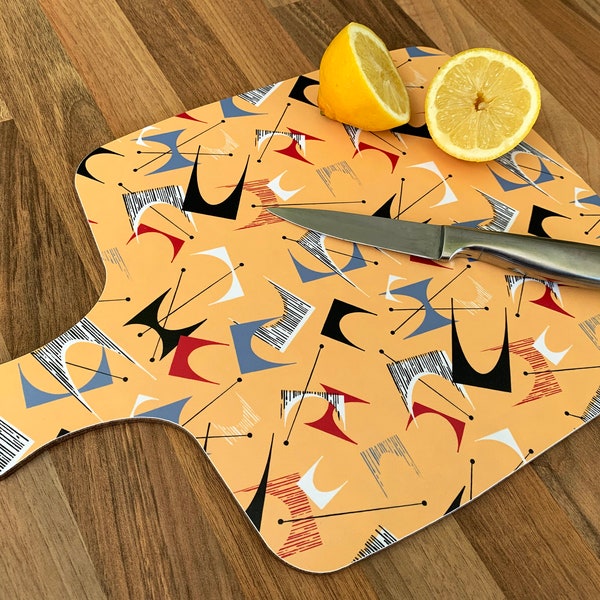 Grande planche à découper/planche à fromage/planche à fromage en mélamine d'inspiration Mid-Century | Style atomique des années 50 | Cadeau d'anniversaire/de mariage | Jaune