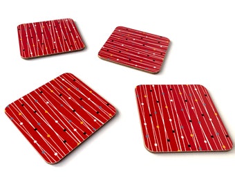 Mid-Century Modern Coasters: Red Atomic Pattern, Set of 4
