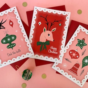 Pack of 6 vintage-inspired Christmas Cards | Mid Century Inspired Xmas Cards | 1950s style Christmas Cards |Large Bauble/Kitsch Deer/Baubles