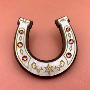 Lucky Horseshoe Brooch. Lasercut/Etched Walnut & Acrylic Brooch with Pink Crystals. Vintage Style Brooch. Mid-Century Inspired. Western