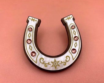 Lucky Horseshoe Brooch. Lasercut/Etched Walnut & Acrylic Brooch with Pink Crystals. Vintage Style Brooch. Mid-Century Inspired. Western