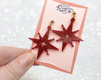 Starburst Earrings, Red Glitter Acrylic, MCM Atomic Style