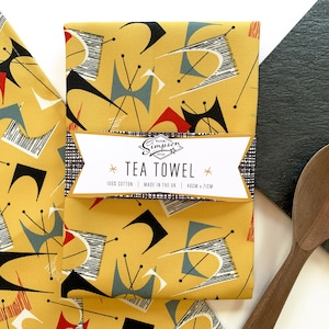 Mid-Century Modern Cotton Tea Towel: Yellow Atomic Kitchen Towel
