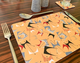 Set of 4 Melamine High Quality Placemats. Mid-Century Modern Table Mats. Yellow Atomic Pattern. MCM. 1950s Style. Retro Dining Mats. Mid Mod