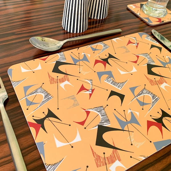 Set of 4 Melamine High Quality Placemats. Mid-Century Modern Table Mats. Yellow Atomic Pattern. MCM. 1950s Style. Retro Dining Mats. Mid Mod