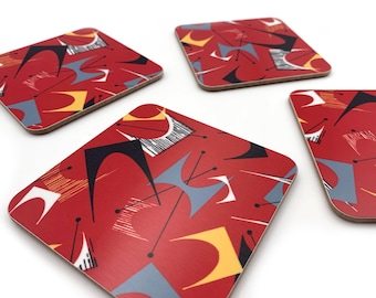 Mid-Century Modern Coasters: Red Atomic Pattern, Set of 4