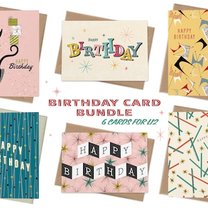 Lot de 6 cartes de joyeux anniversaire. Lot de cartes d'anniversaire. Lot de cartes d'anniversaire inspirées du milieu du siècle. Multipack dans le style des années 50. Lot de six cartes A6 MCM