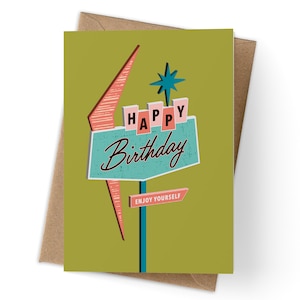 Retro Sign Happy Birthday Card: Mid-Century Modern Greeting Card, Vintage Vegas