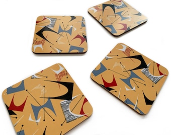Mid-Century Modern Coasters: Yellow Atomic Pattern, Set of 4