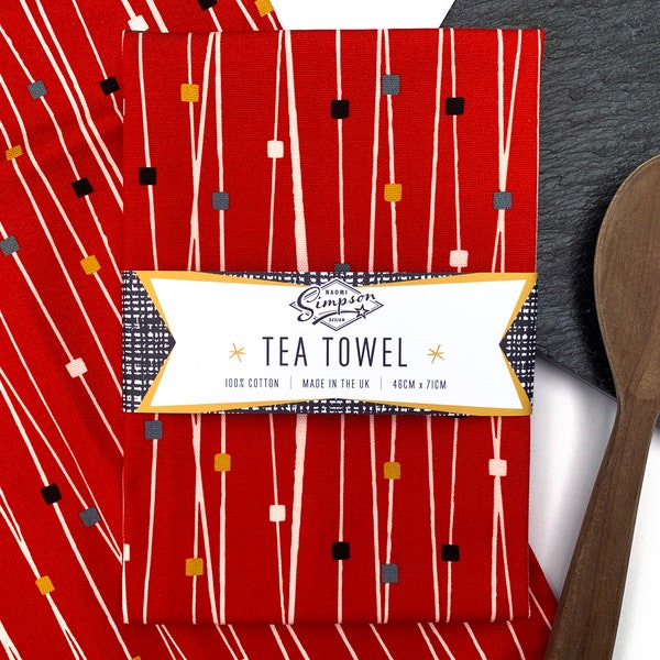 Luxury Cotton Tea Towel. Mid-Century Inspired Pattern. Red Tea Towel. Premium Kitchen Towel. Retro Kitchen. 50s Atomic Pattern. MCM