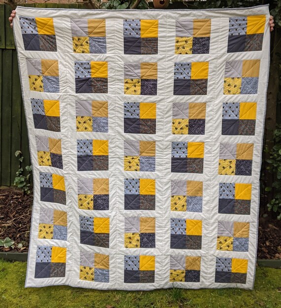 Patchwork quilt throw yellow mustard ochre grey gray Etsy