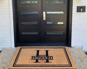 Monogram Border Personalized Doormat, Flocked Coir Door Mat, Outdoor Welcome Mat, Family Name Doormat, Housewarming, Realtor Client Gift