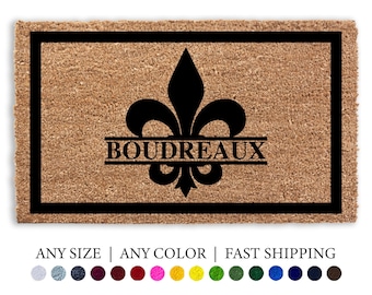 Fleur De Lis Personalized Name Doormat, New Orleans Mardi Gras Yellow Purple Green Flocked Coir Welcome Door Mat, French Quarter Decor