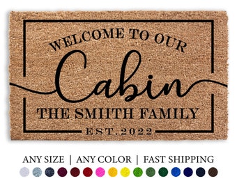 Personalized Cabin Doormat, Outdoor Welcome Mat Rug, Flocked Coir Door Mat, Hunting Country Home Decor, Custom Cabin Doormat