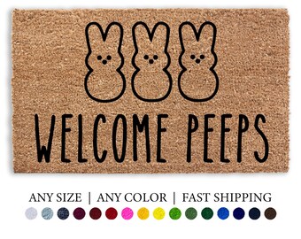 Welcome Peeps Doormat, Easter Bunny Basket Gift Decor, Rabbit Entryway, Flocked Coir Outdoor Welcome Rug, Easter Doormat