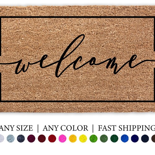 Hello Script Doormat Flocked Coir Outdoor Mat Etsy