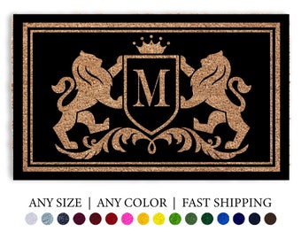 Full Color Family Crest Doormat, Lions Royal Vintage Monogram Initial Coir Door Mat, Welcome Mat, Wedding Gift, Realtor Gift, Outdoor Rug