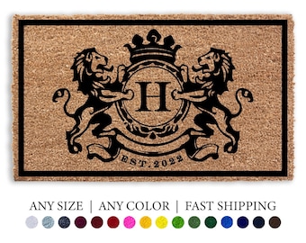 Personalized Family Crest Doormat, Lions Royal Vintage Monogram Initial Coir Door Mat, Welcome Mat, Wedding Gift, Realtor Gift, Outdoor Rug