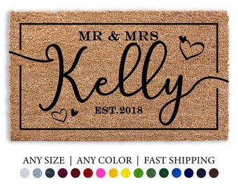 Mr & Mrs Doormat, Est Date Flocked Coir Door Mat, Welcome Mat, Engagement Wedding Gift, Realtor Client Gift, Outdoor Rug, Double Door