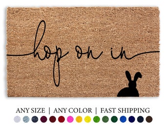 Hop On In Doormat, Easter Bunny Door Mat Gift Decor, Rabbit Entryway, Flocked Coir Outdoor Welcome Rug, Easter Doormat