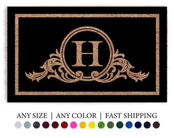 Full Color Personalized Doormat, Border Monogram Initial Coir Black Door Mat, Welcome Mat, Wedding Gift, Realtor Gift, Outdoor Rug