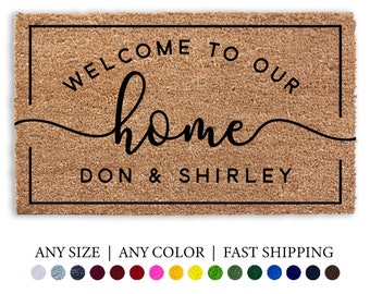 Welcome To Our Home Personalized Name Doormat, Flocked Coir Door Welcome Mat, Engagement Wedding Gift, Realtor Client Gift, Outdoor Rug