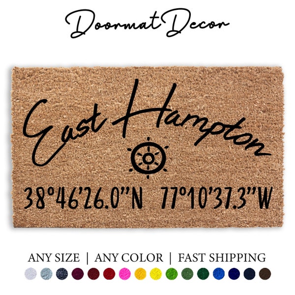 Personalized Coordinates Doormat, Bay Beach Lake House, Nautical Home Decor, Latitude Longitude Custom Outdoor Welcome Mat