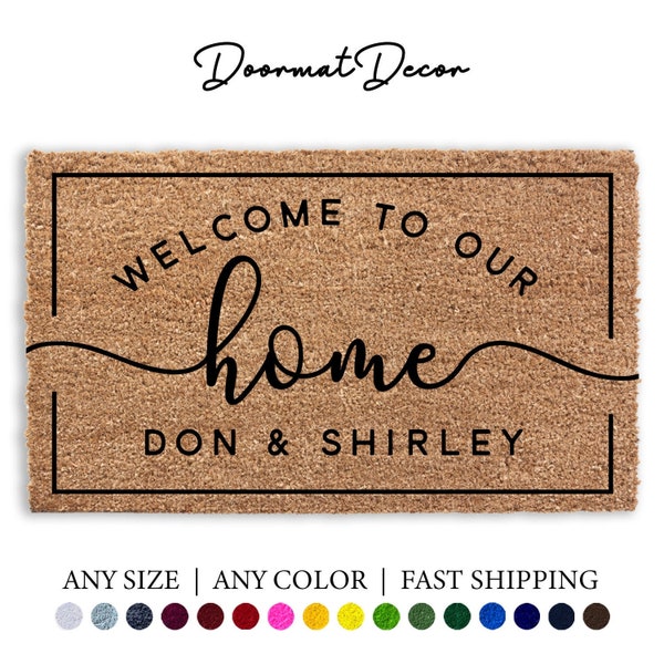 Welcome To Our Home Personalized Name Doormat, Flocked Coir Door Welcome Mat, Engagement Wedding Gift, Realtor Client Gift, Outdoor Rug