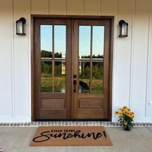 Puede incluir: Una alfombra de bienvenida marrón con el texto "Hello there Sunshine!" en letras negras de estilo caligráfico.