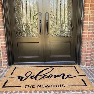 Personalized Name Doormat, Flocked Coir Door Mat, Welcome Mat, Engagement Wedding Gift, Realtor Client Gift, Outdoor Rug, Double Door