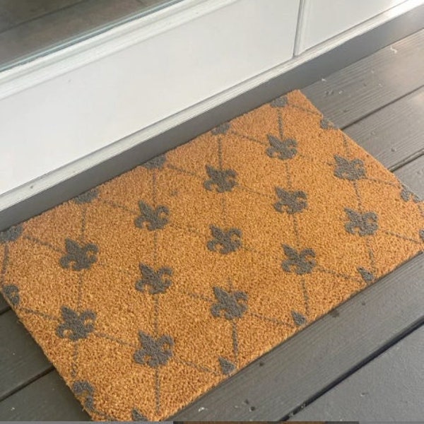 Fleur De Lis Doormat, French Flocked Coir Outdoor Welcome Mat, Personalized Door Mat, Custom Outdoor Welcome Rug, Housewarming Client Gift