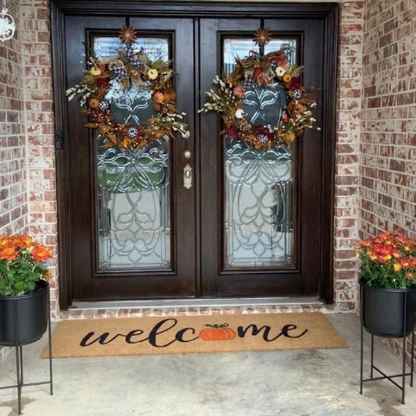 Welcome Pumpkin Doormat, Flocked Coir Outdoor Welcome Mat Rug, Personalized Custom Door Mat, Halloween Fall Autumn Thanksgiving Home Decor