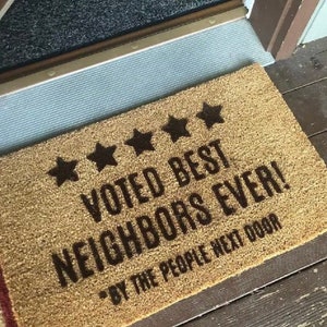 Voted Best Neighbors Ever 5-Star Review Doormat, Funny Neighbor Gift, Outdoor Welcome Mat Rug, Neighborhood Coir Door Mat