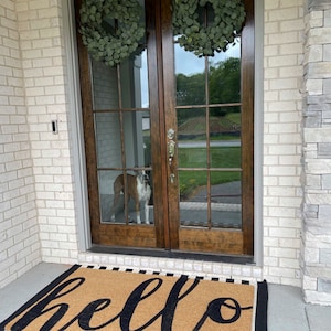 Hello Cursive Script Flocked Coir Doormat, Hi Rug, Outdoor Welcome Mat, Personalized Custom Personalized Door Mat, Housewarming Client Gift