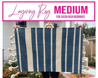 MEDIUM Yacht Club Cotton Layering Rug, Blue Stripe Rope Tassels Print Woven Indoor Outdoor Layering Rug, Layering Rug Under Door Mat