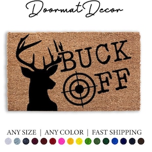 Buck Off Doormat  Flocked Coir Outdoor Welcome Rug with Deer Antlers  Cabin Hunting Home Decor Gift