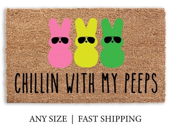 Welcome Peeps Doormat, Pink Yellow Green Easter Bunny Basket Gift Decor, Rabbit Entryway, Flocked Coir Outdoor Welcome Rug, Easter Doormat