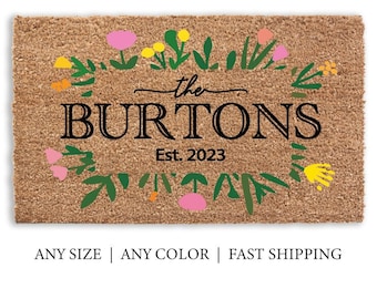 Personalized Spring Flower Doormat, Flocked Coir Door Mat, Colorful Custom Name Outdoor Welcome Mat Rug Gift, Floral Flower