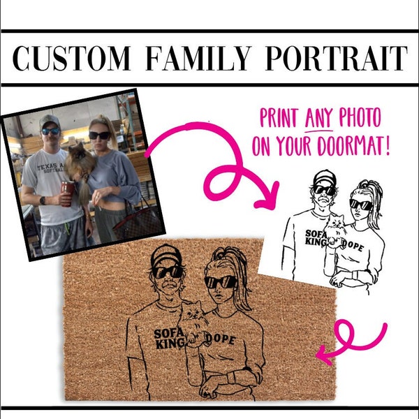 CUSTOM DRAWING Doormat | Custom Family Portrait Sketch of Photo | Welcome Door Mat, Personalized Sketch Rug, People Painting Drawing