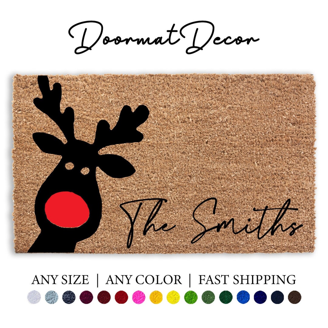 Personalized Reindeer Doormat Rudolph Red Nose Christmas Door Etsy
