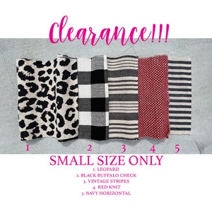 May include: Five different small size rugs in various patterns.  The rugs are arranged from left to right: leopard print, black and white buffalo check, vintage stripes, red knit, and navy horizontal stripes.  The text "Clearance!!!" is at the top of the image.  The text "SMALL SIZE ONLY" is below the rugs.  The text "1. LEOPARD", "2. BLACK BUFFALO CHECK", "3. VINTAGE STRIPES", "4. RED KNIT", and "5. NAVY HORIZONTAL" is below the text "SMALL SIZE ONLY".